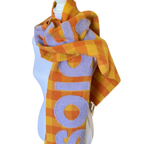 NWT $420 Acne Studios Veda Checked Wool Big Logo Scarf 80"x37" Orange Purple - Picture 2 of 13